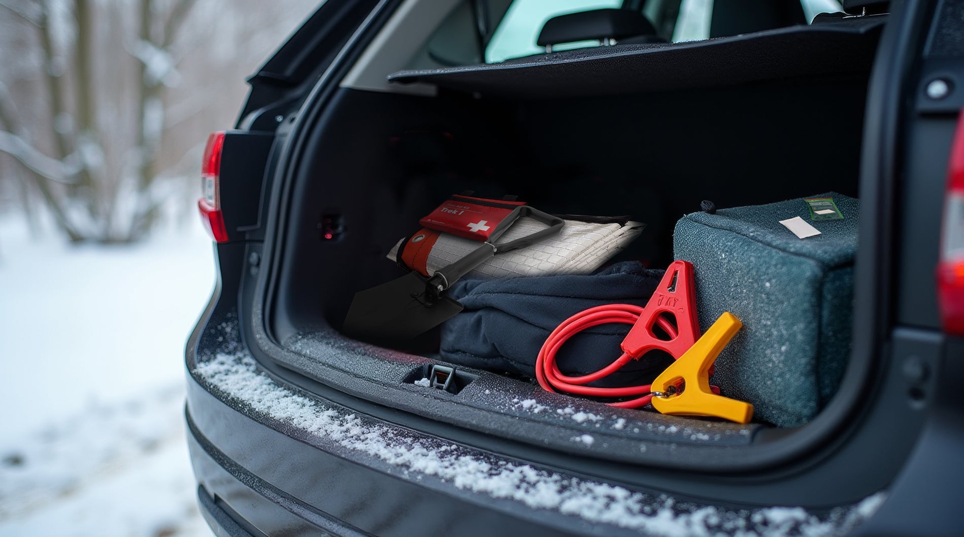 A trunk of a vehicle full with emergency tools