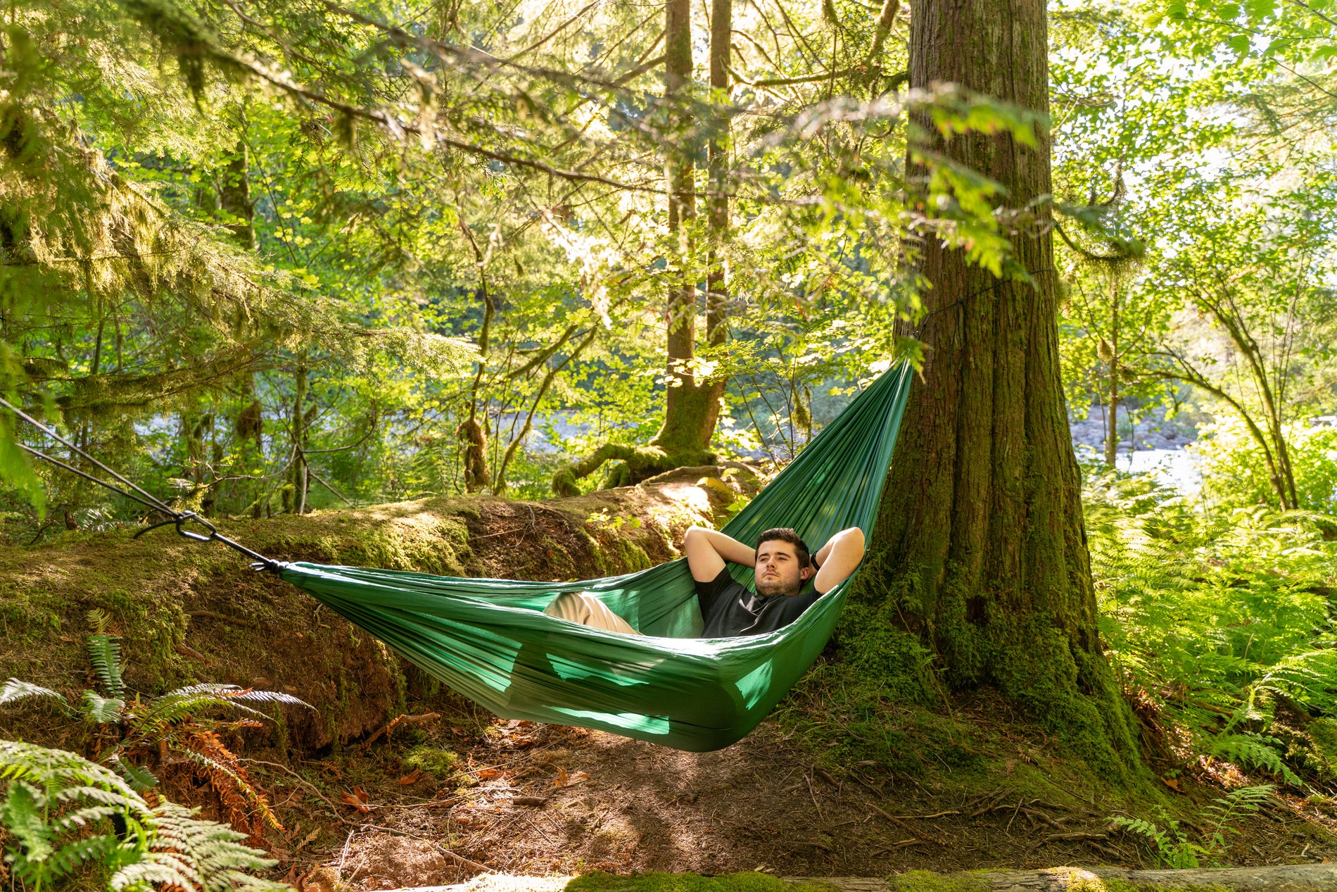 man in hammock in forest