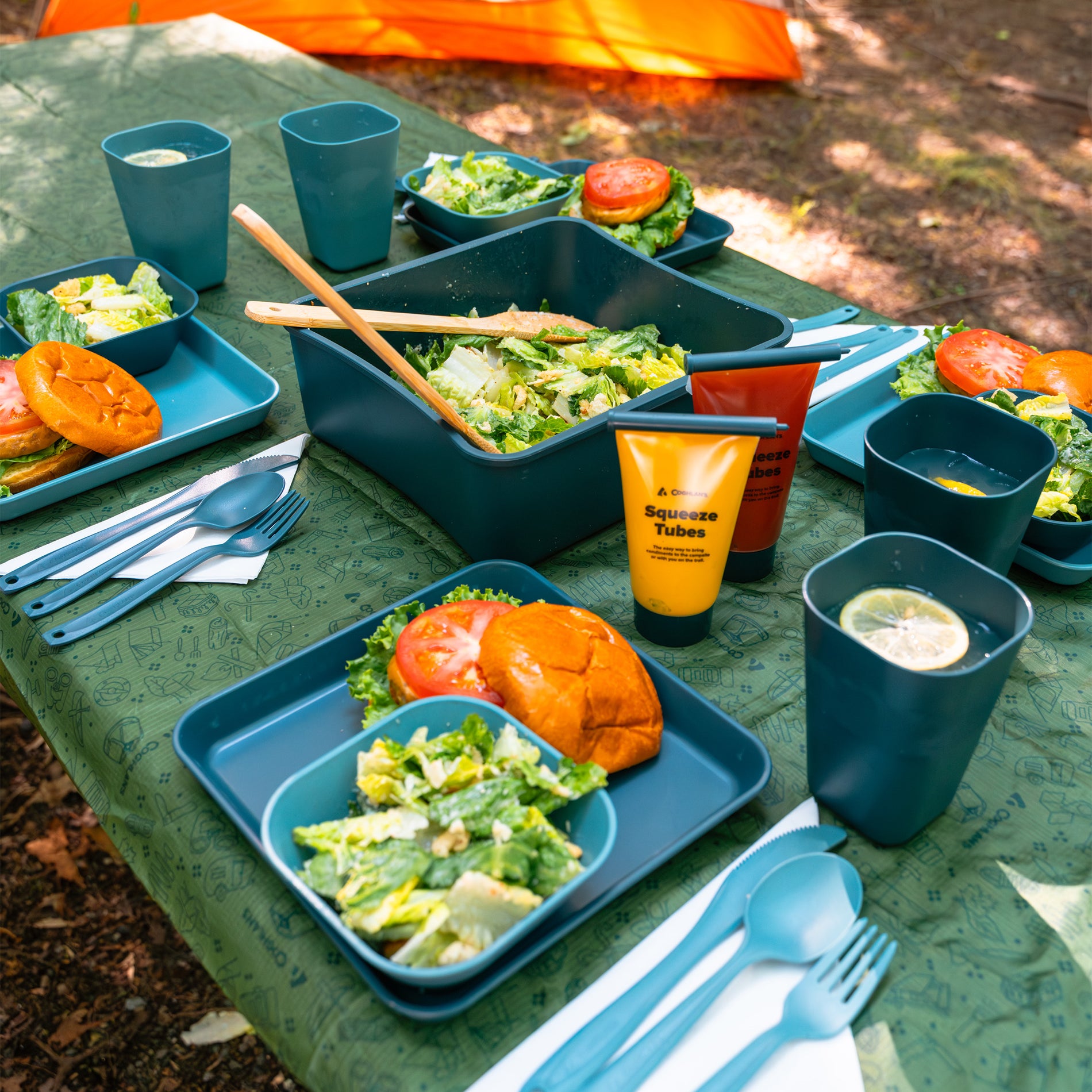 Spread of burgers and salad on a blue plastic dishware set arranged on a picnic bench with a green tablecloth