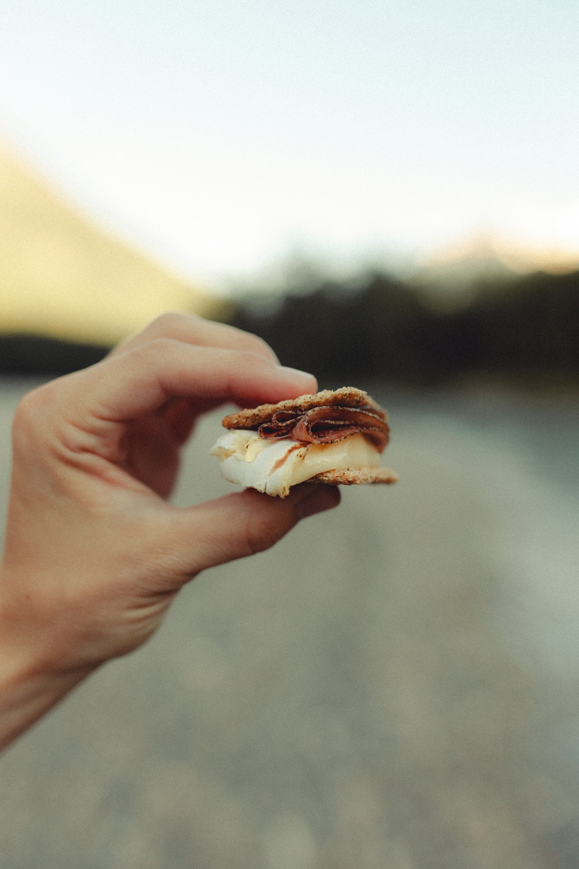 Close-up of a hand holding a piece of cheese and salami between crackers in front of a blurred outdoorsy background