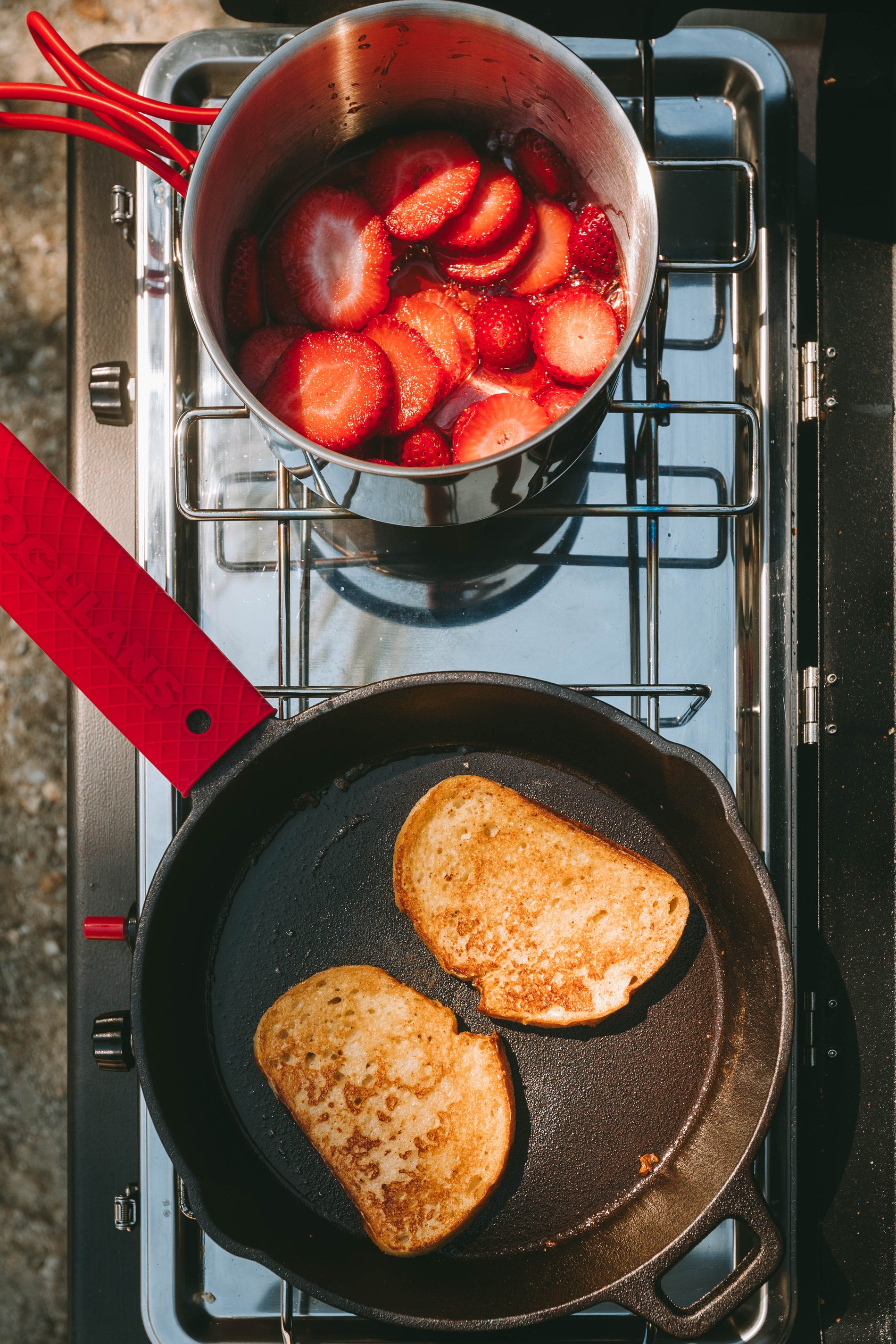 french toast cooking on a camp stove