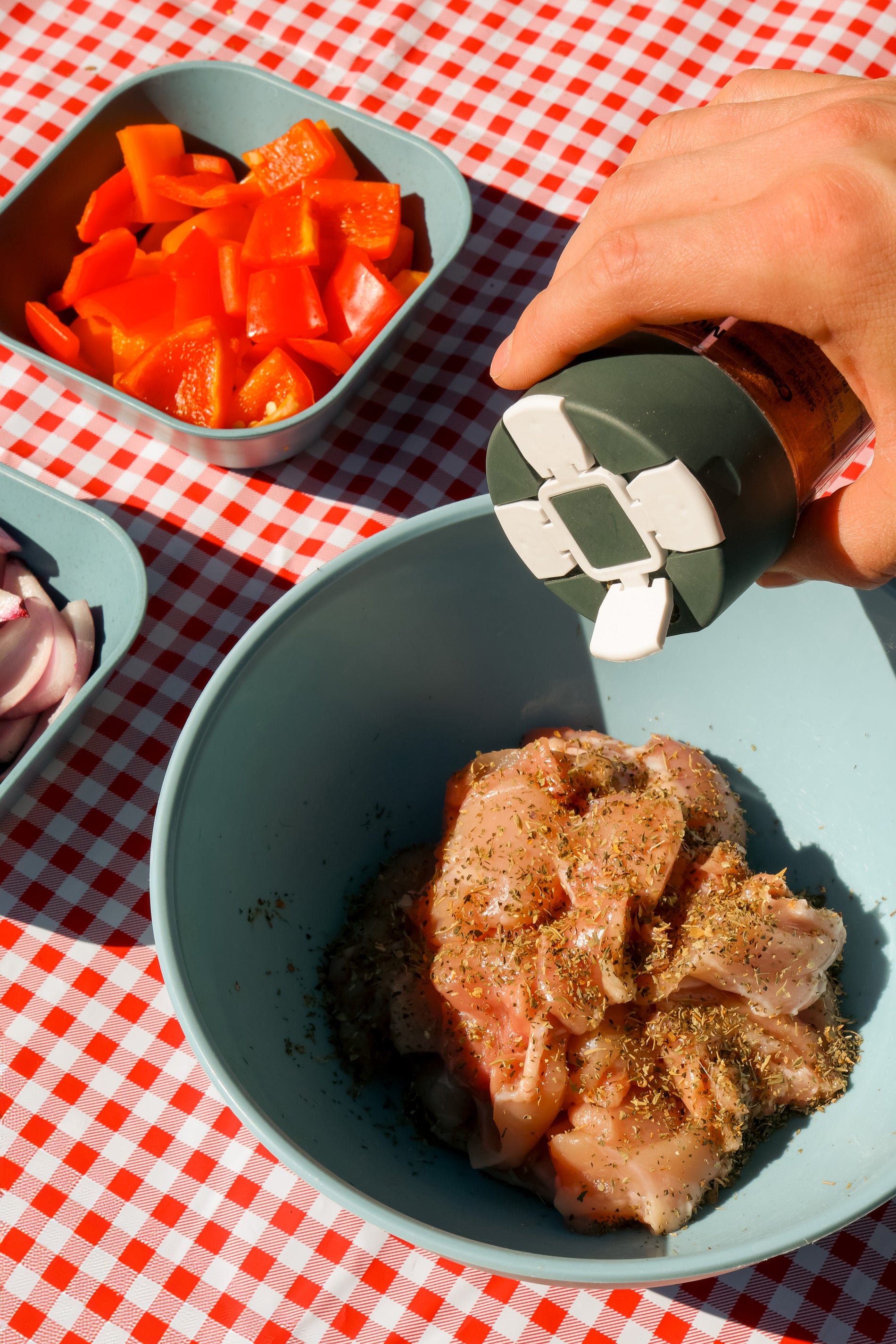 Person seasoning cut up chicken from a spike shaker