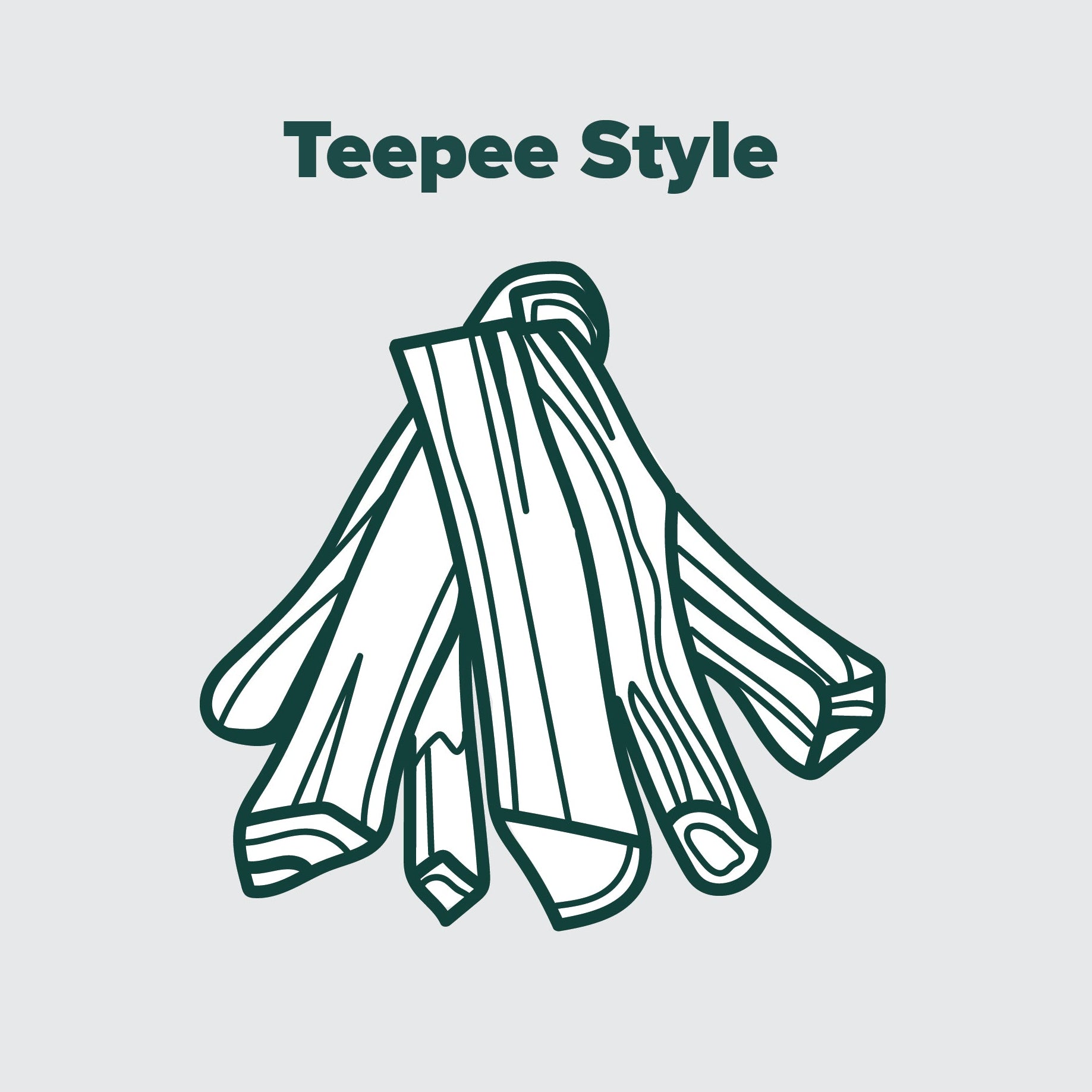 A simple line-art illustration of logs angled towards one another with their top edge touching to each other to create a "teepee" fire