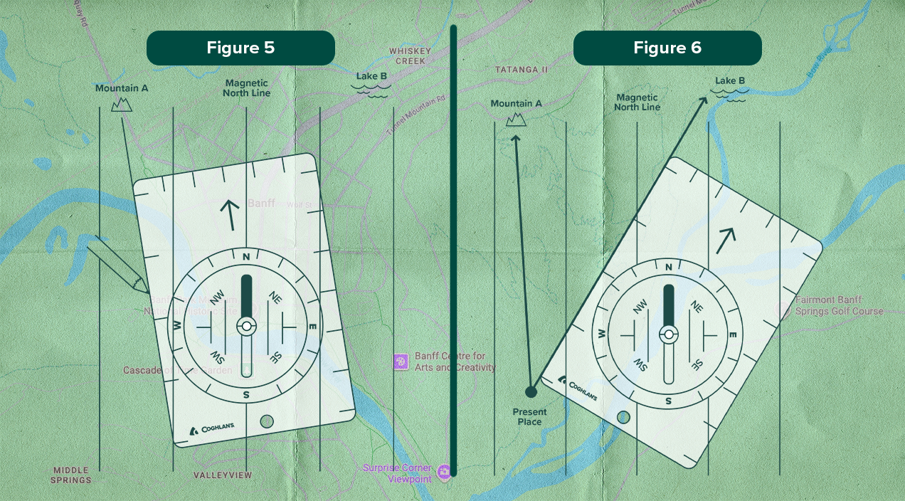 Two compasses on a map identifying how to navigate using a paper map and compass